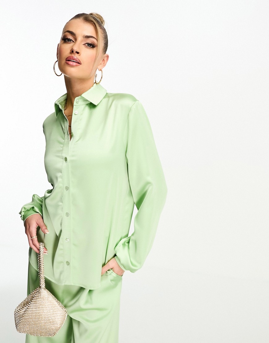 Flounce London satin button up shirt in light khaki co-ord-Green