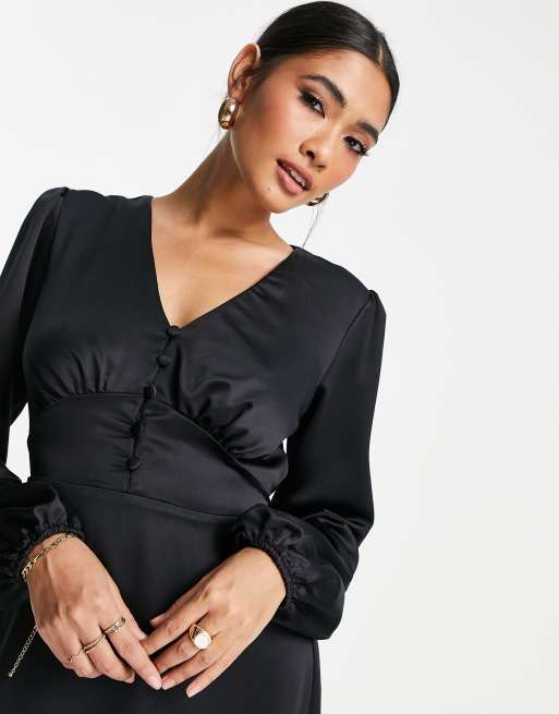 Flounce London satin buttoned midi dress in black , 2 of 4