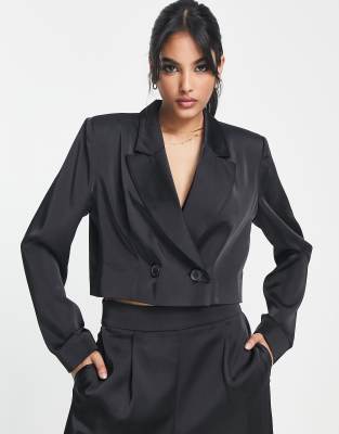 Flounce London satin cropped blazer in black co-ord