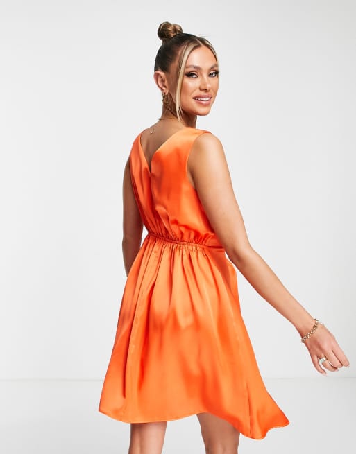 Flounce London satin cross wrap mini dress in dark orange