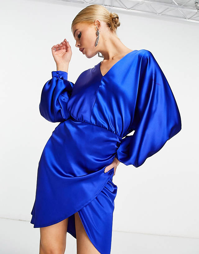 Flounce London - satin draped front mini dress in blue