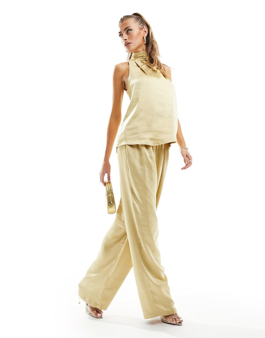 Flounce London Satin Floaty Pants In Gold - Part Of A Set