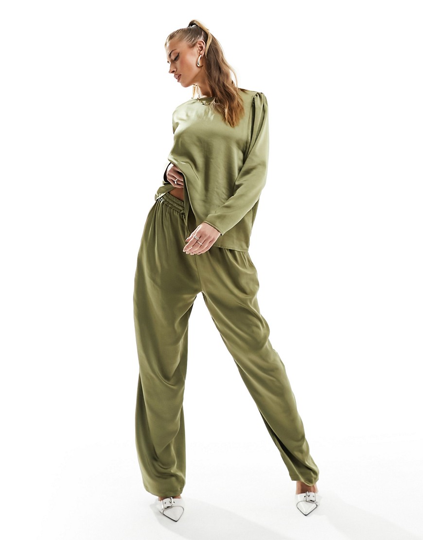 Flounce London Satin Floaty Pants In Olive - Part Of A Set-green