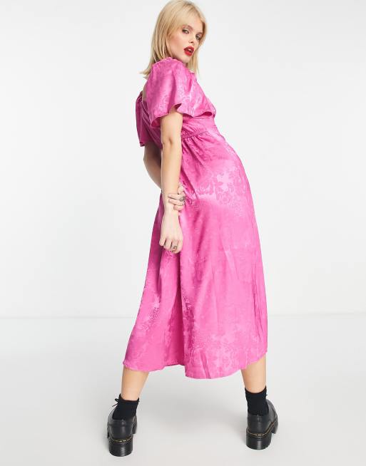 Flounce London Satin Flutter Sleeve Midi Dress In Hot Pink Jacquard for  Women