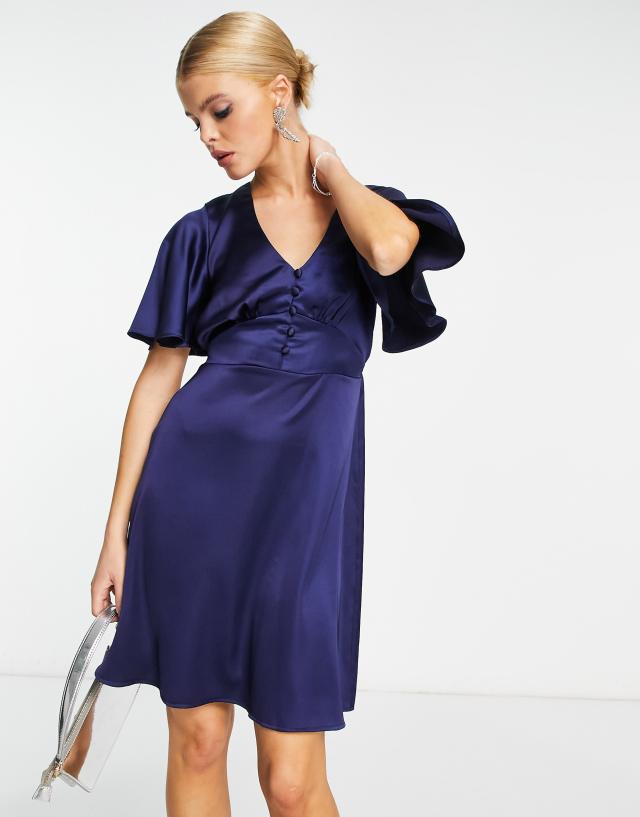 Flounce London satin flutter sleeve mini dress in navy