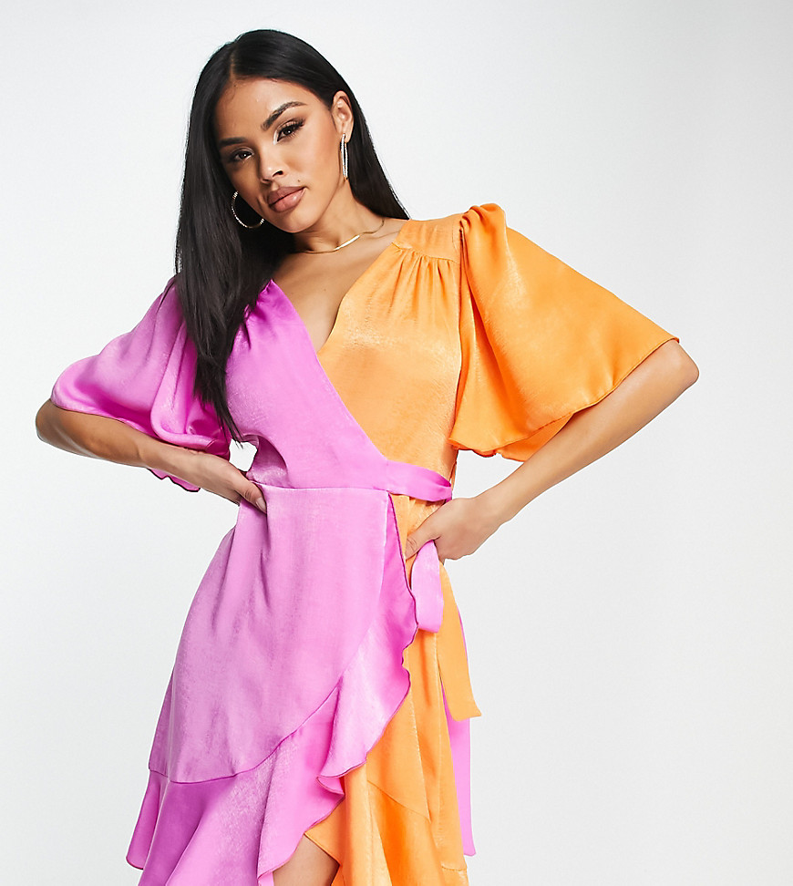 Flounce London Satin Flutter Sleeve Ruffle Mini Dress In Contrast Pink And Orange