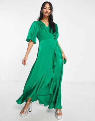 Flounce London Satin Flutter Sleeve Wrap Front Maxi Dress In Bold Green