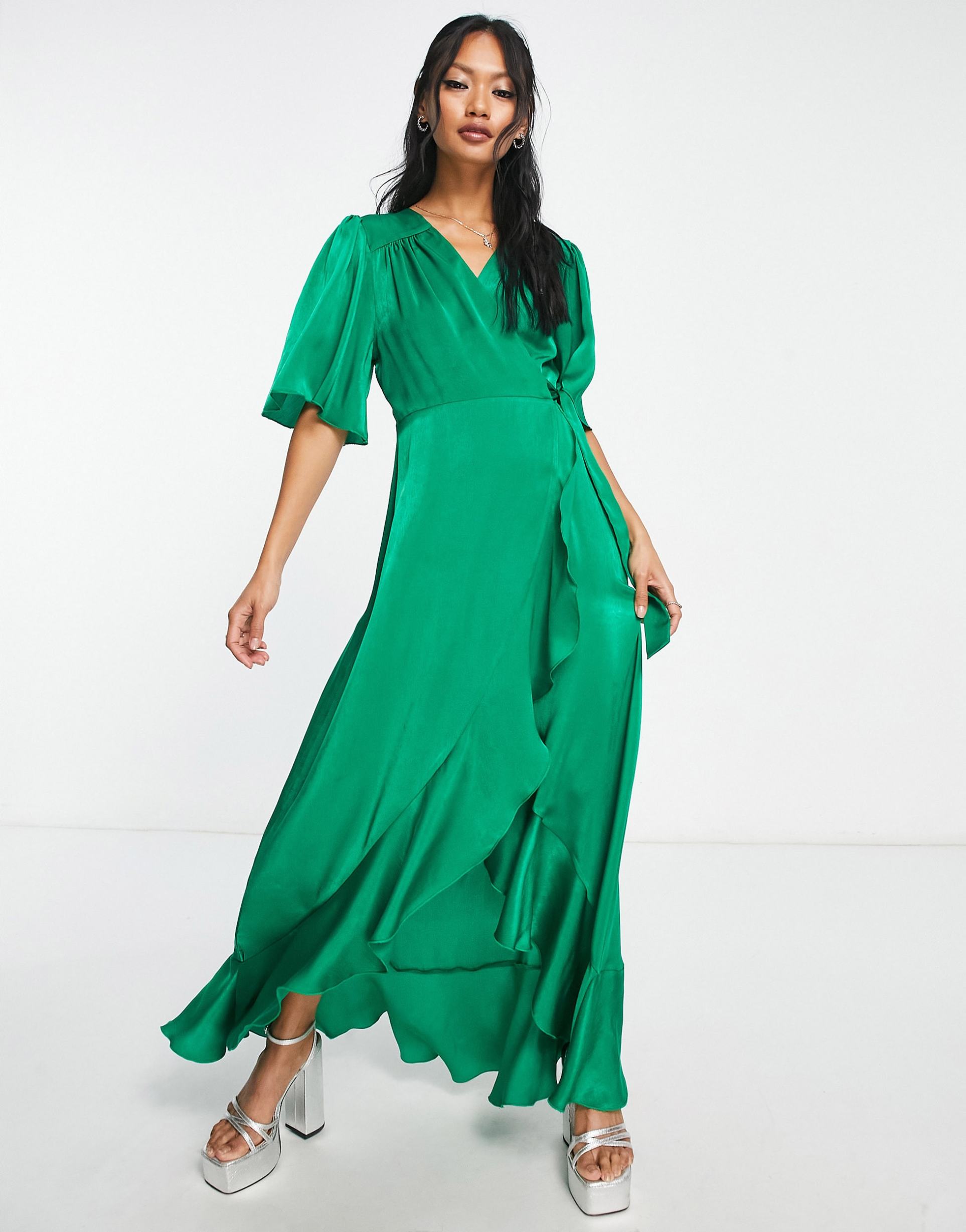 flounce london satin flutter sleeve wrap front maxi dress in bold green