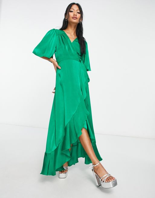 Flounce London satin long sleeve wrap maxi dress in emerald velvet