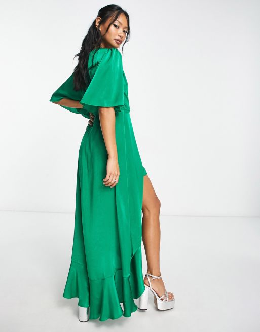 Flounce London satin flutter sleeve wrap front maxi dress in bold