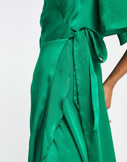 Flounce London satin flutter sleeve wrap front maxi dress in bold green