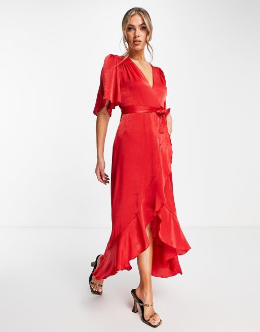 Flounce London satin flutter sleeve wrap front maxi dress in red