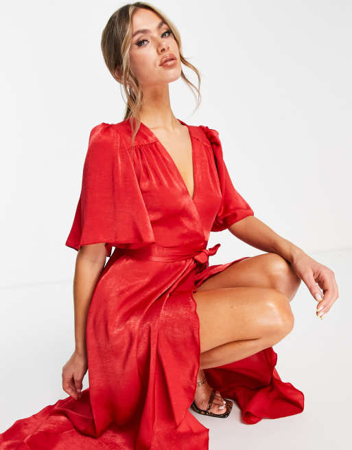 Flounce London satin flutter sleeve wrap front maxi dress in red