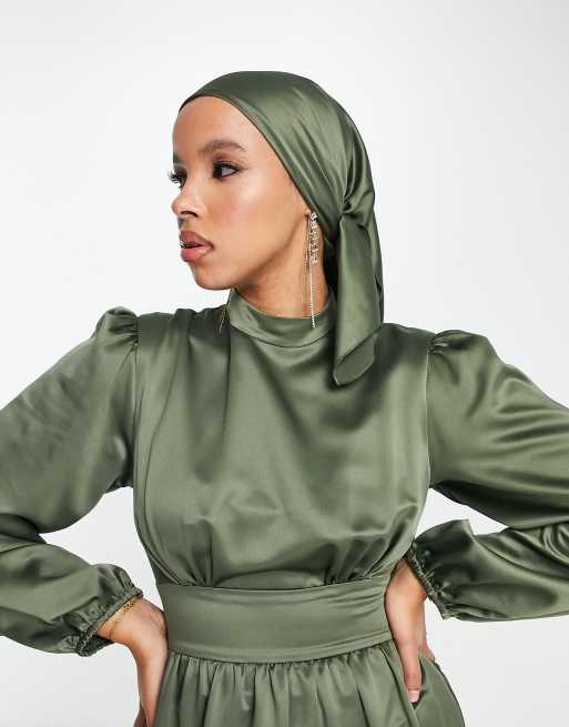 Flounce London satin headscarf in khaki , 2 of 4