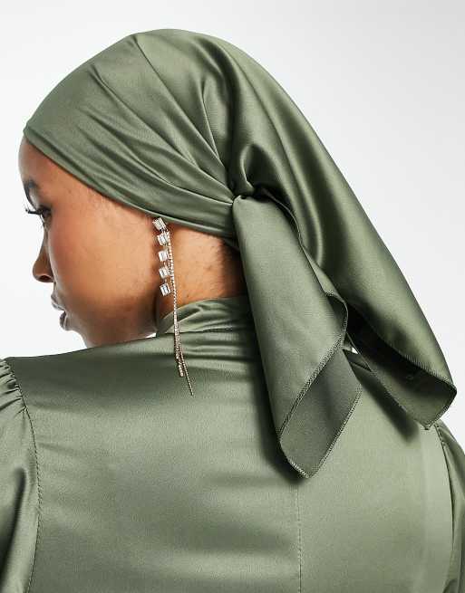 Flounce London satin headscarf in khaki , 3 of 4