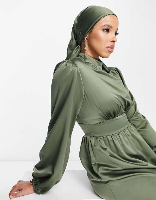 Flounce London satin headscarf in khaki , 4 of 4