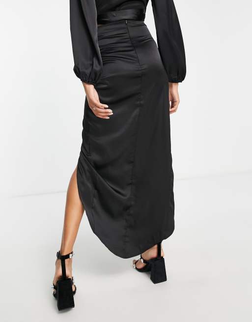 Calf length 2025 black satin skirt