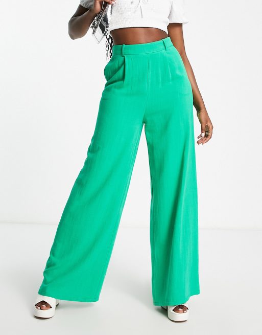 Flounce London satin high waist wide leg pants in bold green (part of a  set), visvim Social Sculpture 18 Jeans Blau