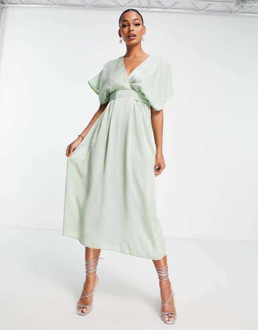 Flounce London satin kimono sleeve midi dress in sage satin