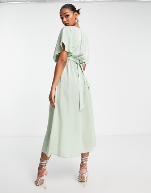 Sale on Flounce London Flounce London Satin Long Sleeve Wrap Maxi Dress in  Sage