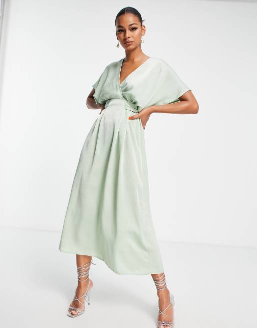 Flounce London Maternity Kimono Sleeve Midi Dress In Sage Satin