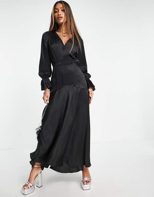 Flounce London satin long sleeve maxi dress in black 