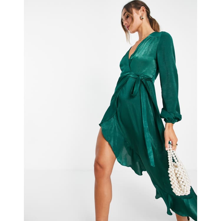 Green satin long sleeve wrap dress sale