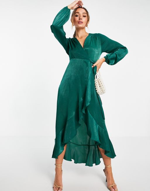 Emerald satin wrap store dress