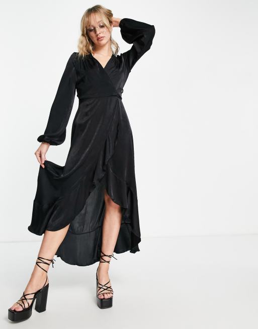 Flounce London Plus satin long sleeve wrap maxi dress in black