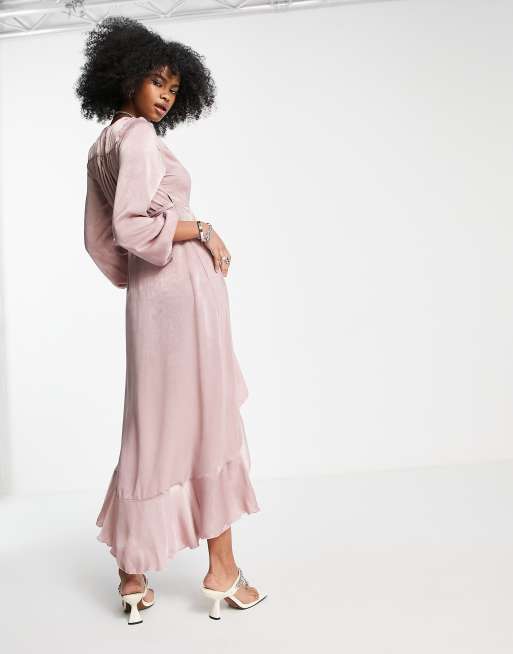 Flounce London Plus satin long sleeve midi wrap dress in blush pink