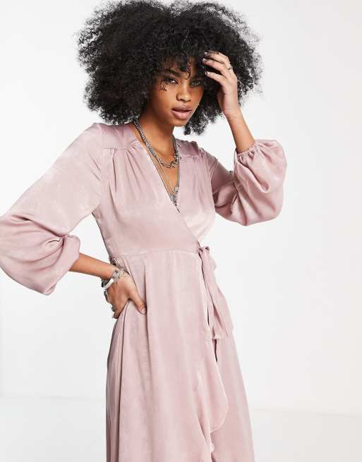 Flounce London Plus satin long sleeve midi wrap dress in blush