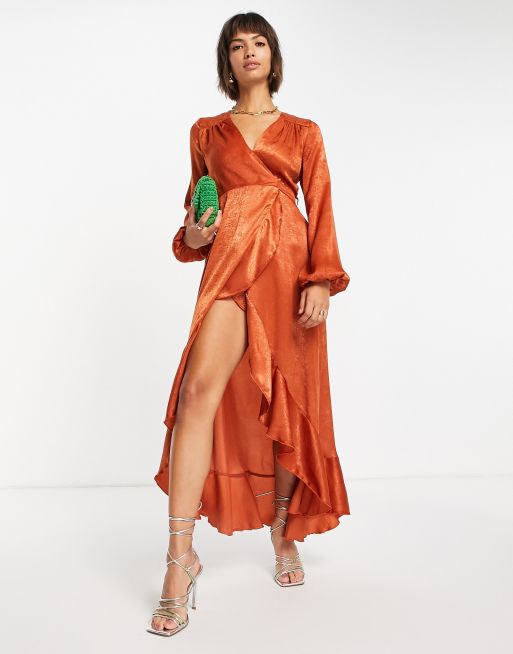 Flounce London satin long sleeve wrap maxi dress in cinnamon