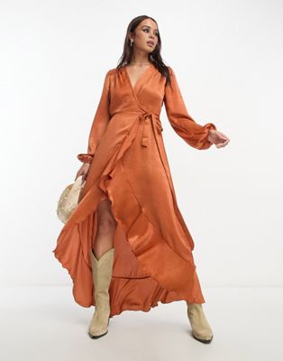 Flounce London satin long sleeve wrap maxi dress in cinnamon  - ASOS Price Checker