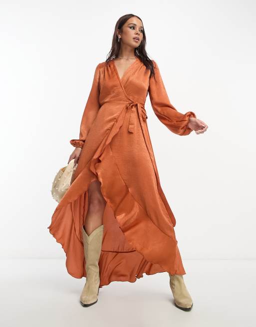 Flounce London satin long sleeve wrap maxi dress in cinnamon