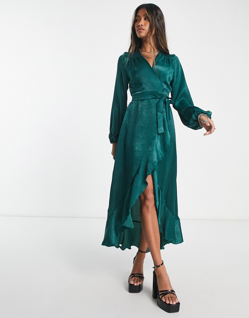 Flounce London Satin Long Sleeve Wrap Maxi Dress In Emerald-green