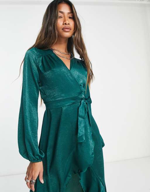 Flounce London satin long sleeve wrap maxi dress in emerald