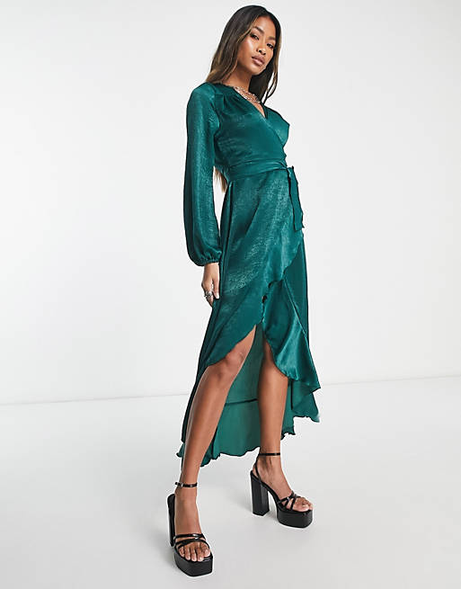 Flounce London satin long sleeve wrap maxi dress in emerald