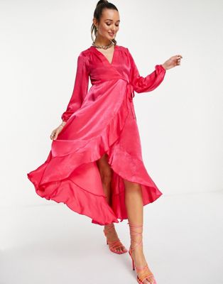 Flounce London satin long sleeve wrap maxi dress in hot pink