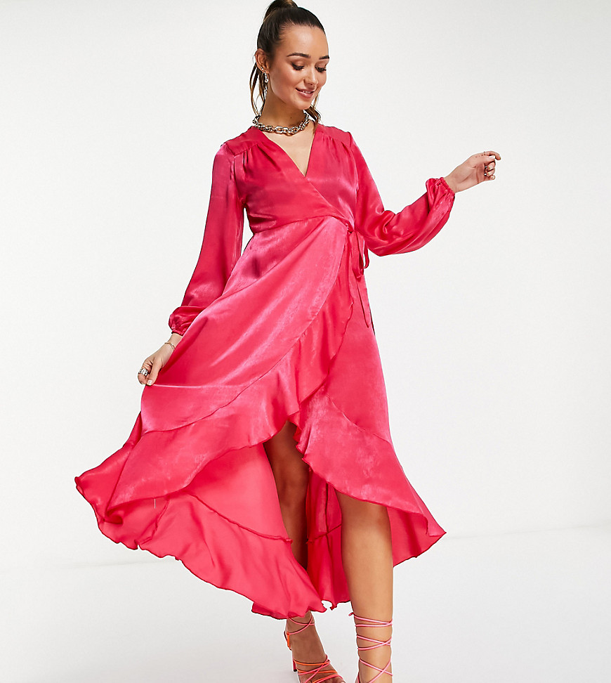 Flounce London Satin Long Sleeve Wrap Maxi Dress In Hot Pink