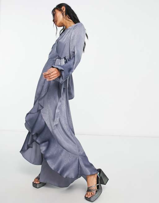 Flounce London satin all over ruffle cami maxi dress in khaki, ASOS