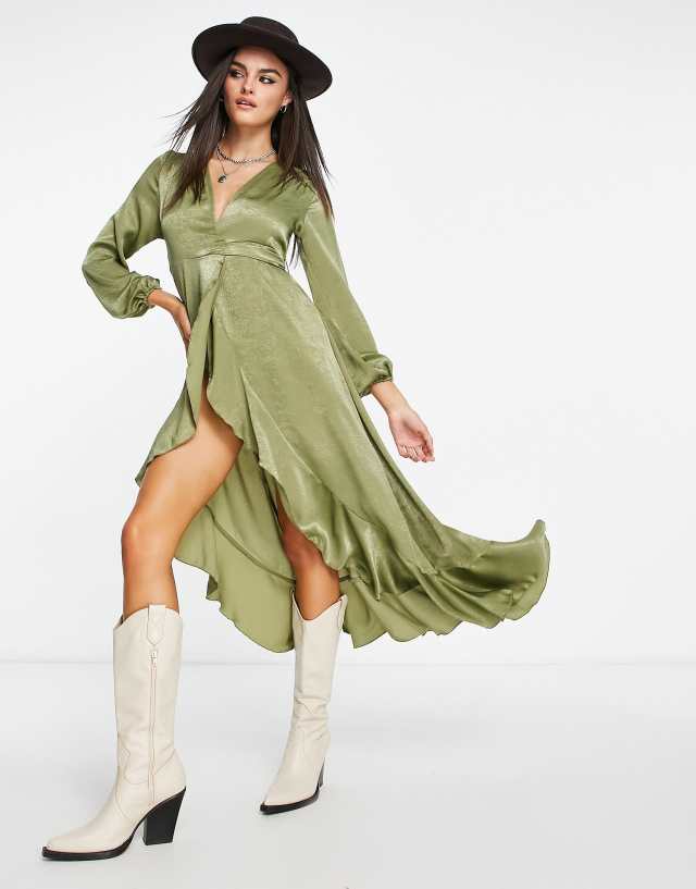 Flounce London satin long sleeve wrap midi dress in khaki