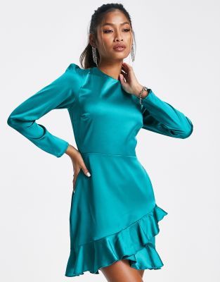 satin long sleeve wrap mini dress in emerald green