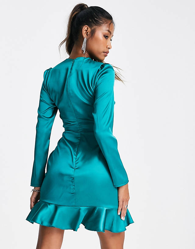 Flounce London satin long sleeve wrap mini dress in emerald green ...