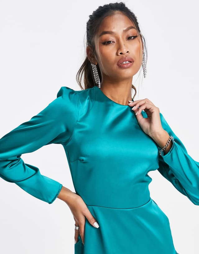 Flounce London satin long sleeve wrap mini dress in emerald green ...