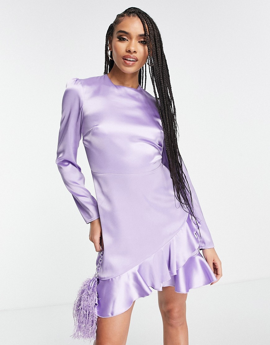 Flounce London satin long sleeve wrap mini dress in lilac-Purple
