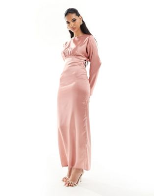 Flounce London Satin Maxi Dress With Kimono Sleeve In Dark Blush-yellow In Pink