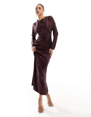 white christmas dresses Velvet Long Sleeve Maxi Dress in Chocolate Brown main image 0