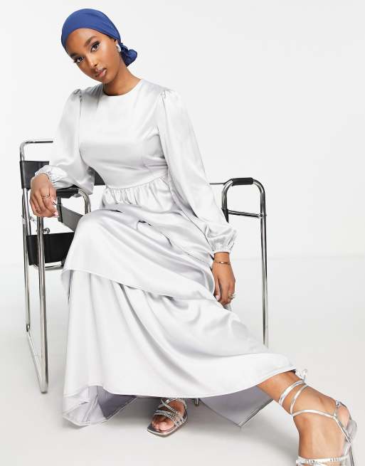 Silver satin midi dress new arrivals