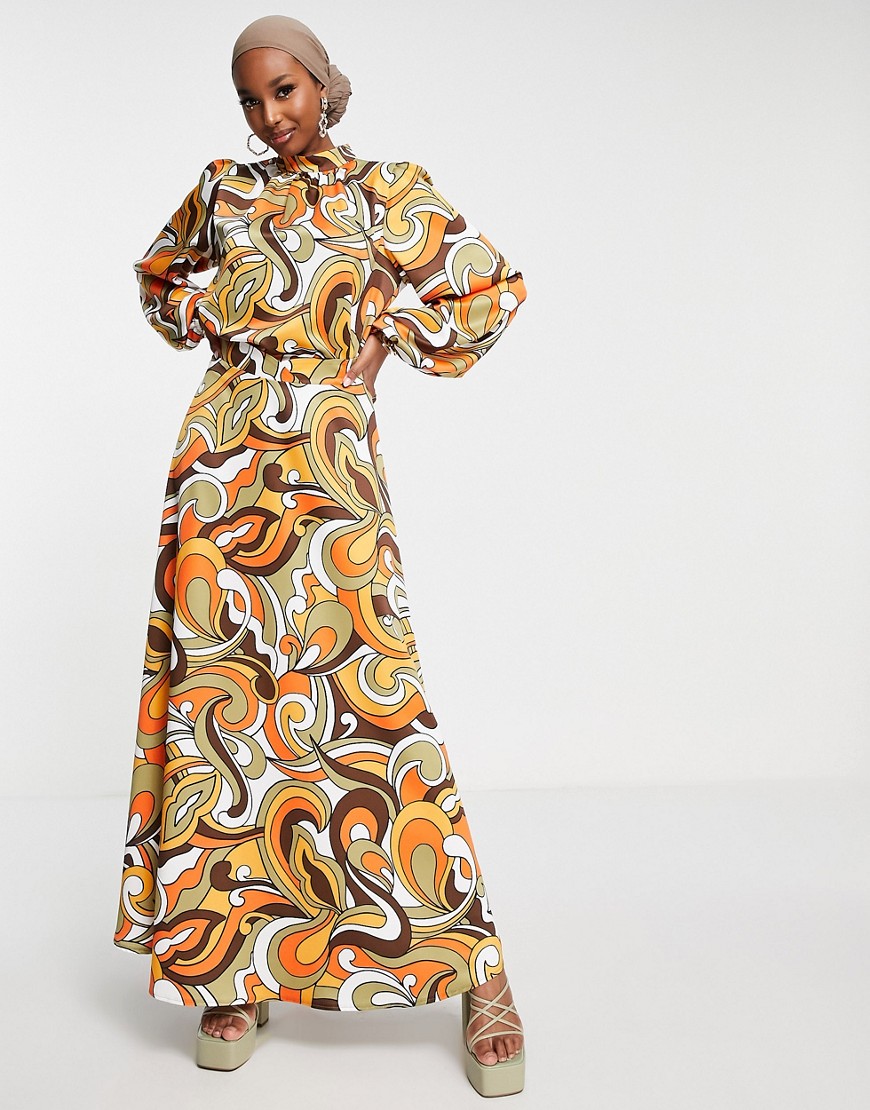 Flounce London satin maxi skirt in tonal swirl print - part of a set-Orange
