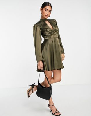 Flounce London satin mini dress with keyhole detail in olive